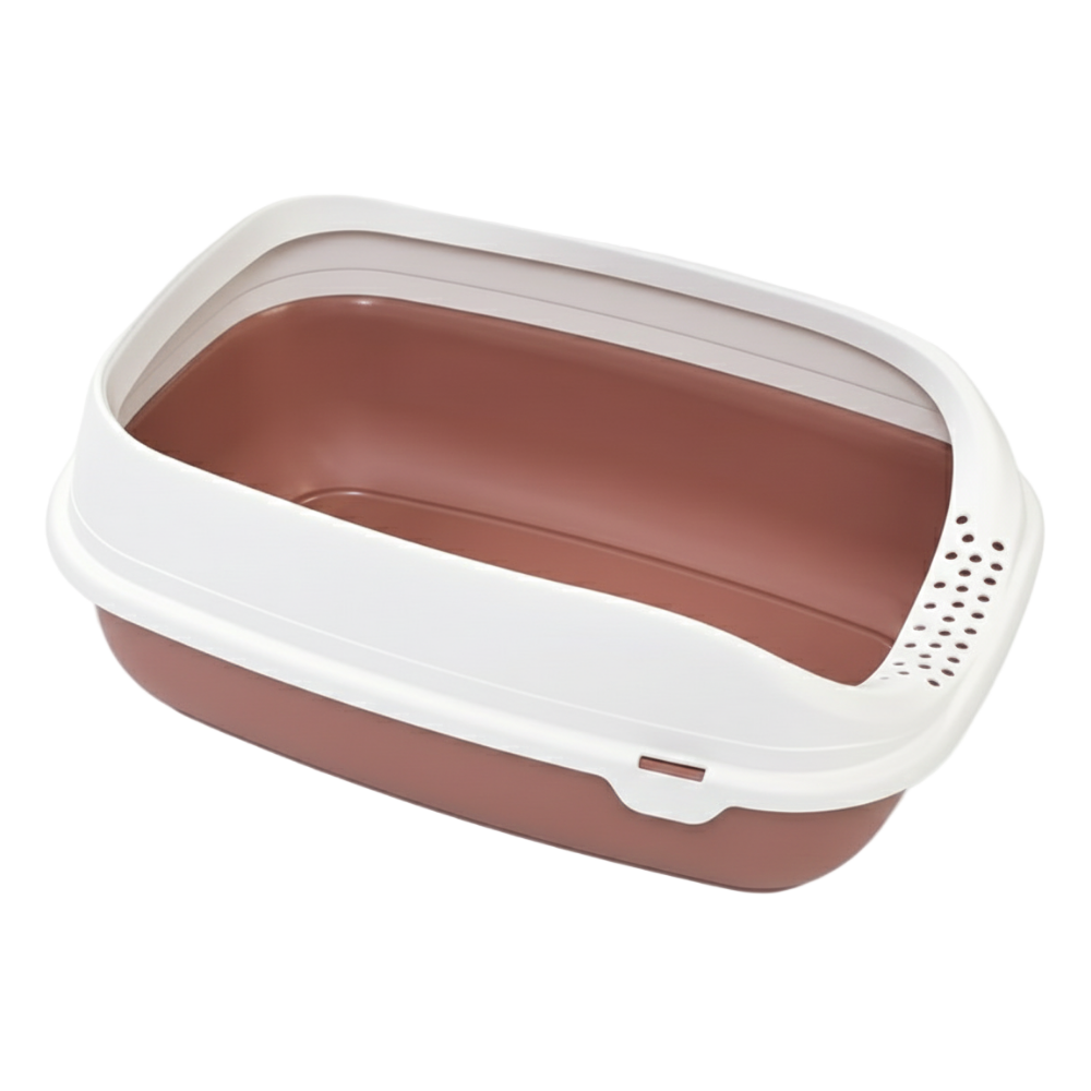 Cat litter box with a white rim and brown interior on a white background