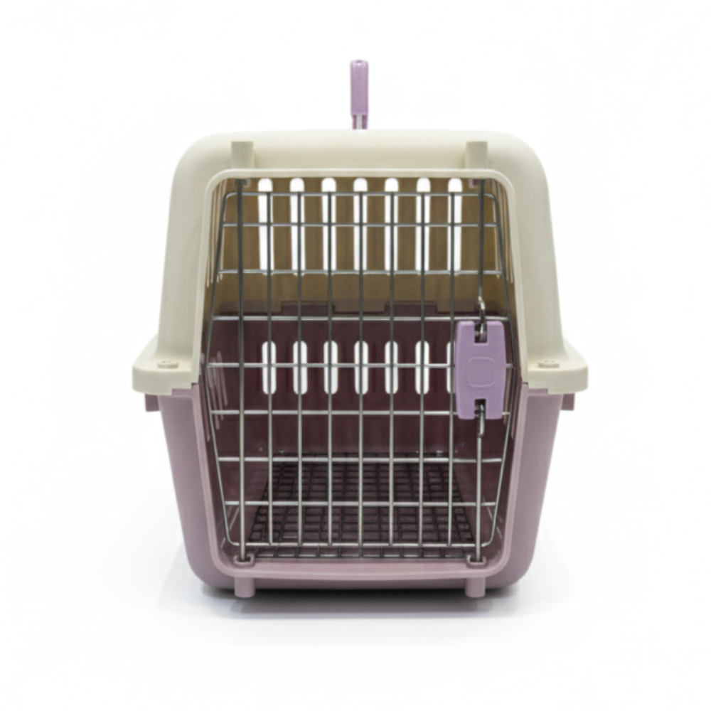 Pet carrier with a purple exterior and beige interior on a white background