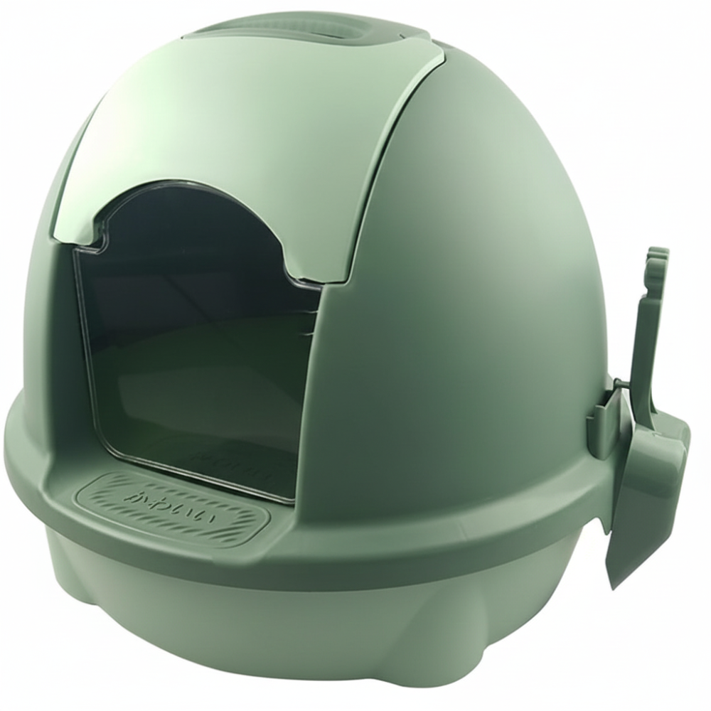 Green pet litter box with a transparent front panel on a white background