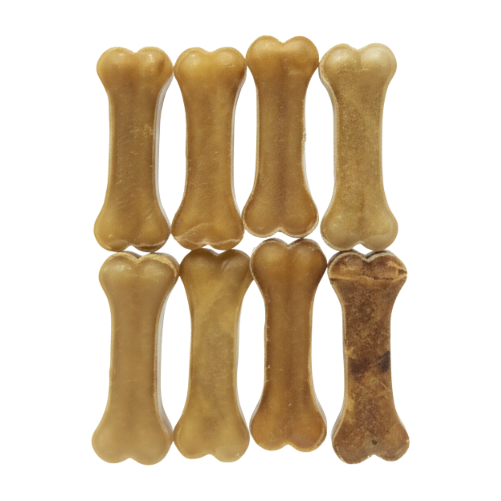 Set of bone-shaped dog treats on a white background