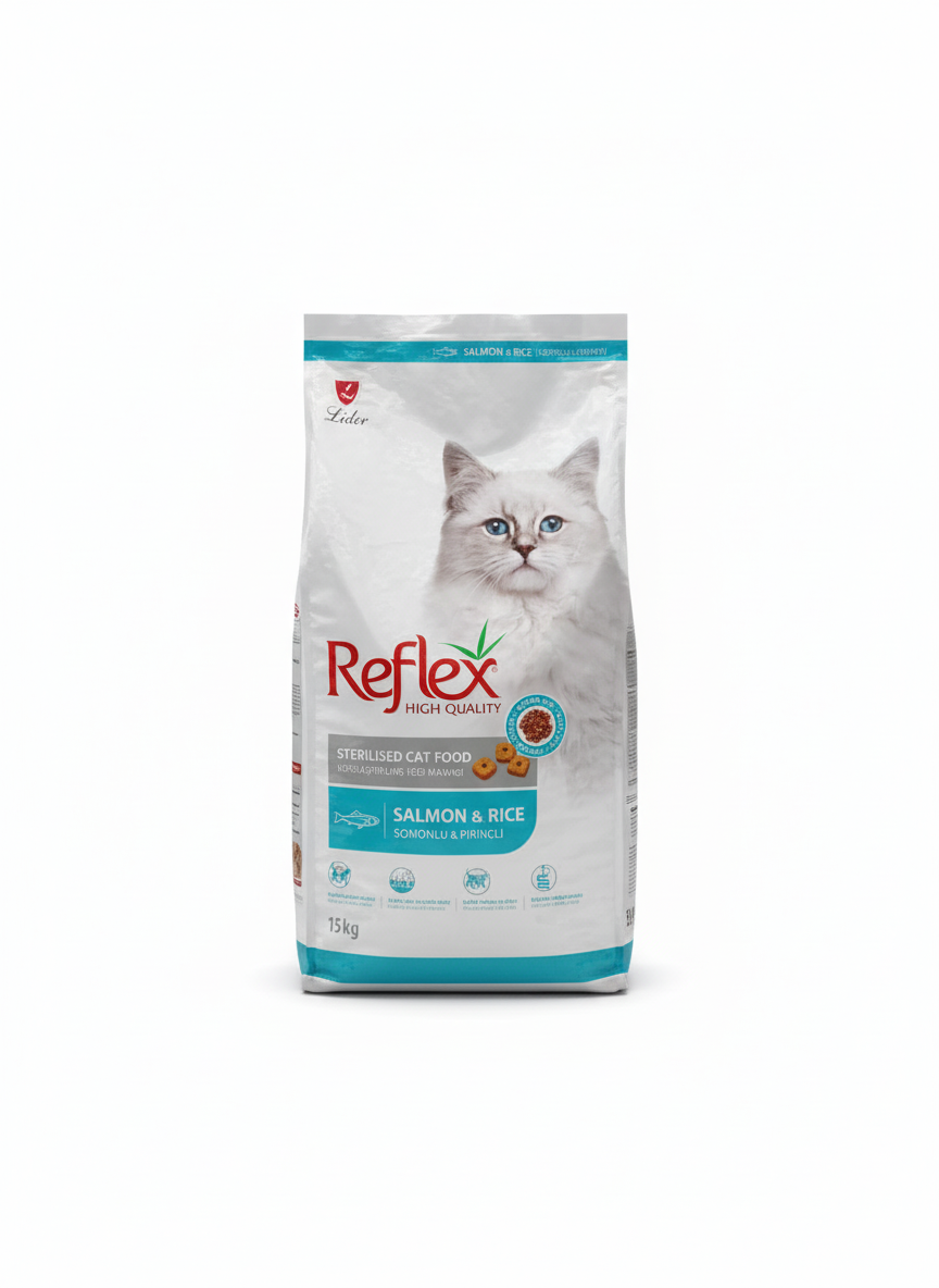Reflex Adult Cat With Salmon Sterilised & Rice 15kg.