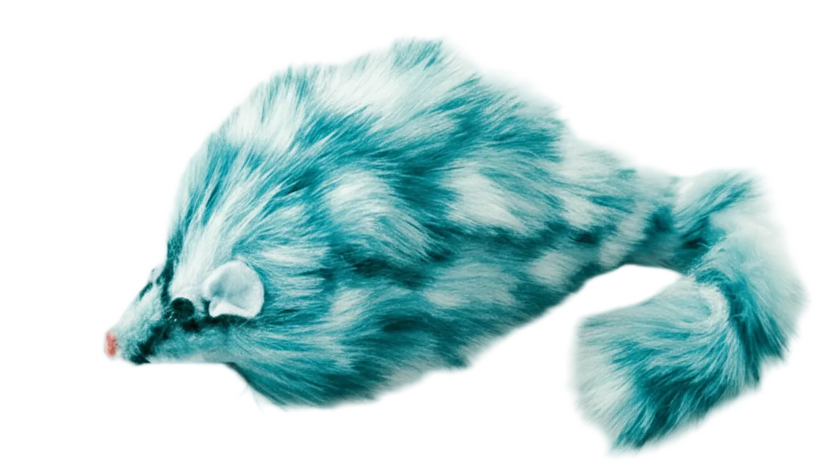 Blue and white plush toy resembling a raccoon on a white background
