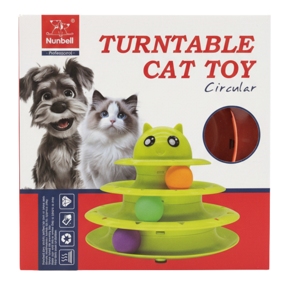 Nunbell turntable cat toy packaging with a dog and cat on a white background