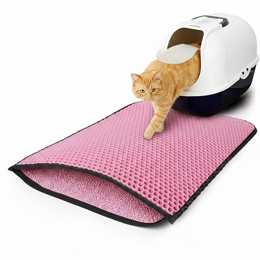 Double-Layer Cat Litter Mat Urine and Water Resistant Pink Color.