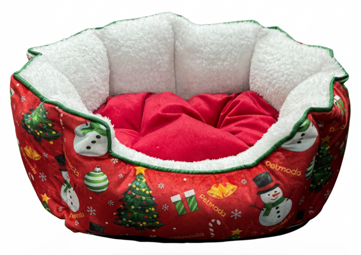 Red Christmas-themed pet bed with white interior on a white background