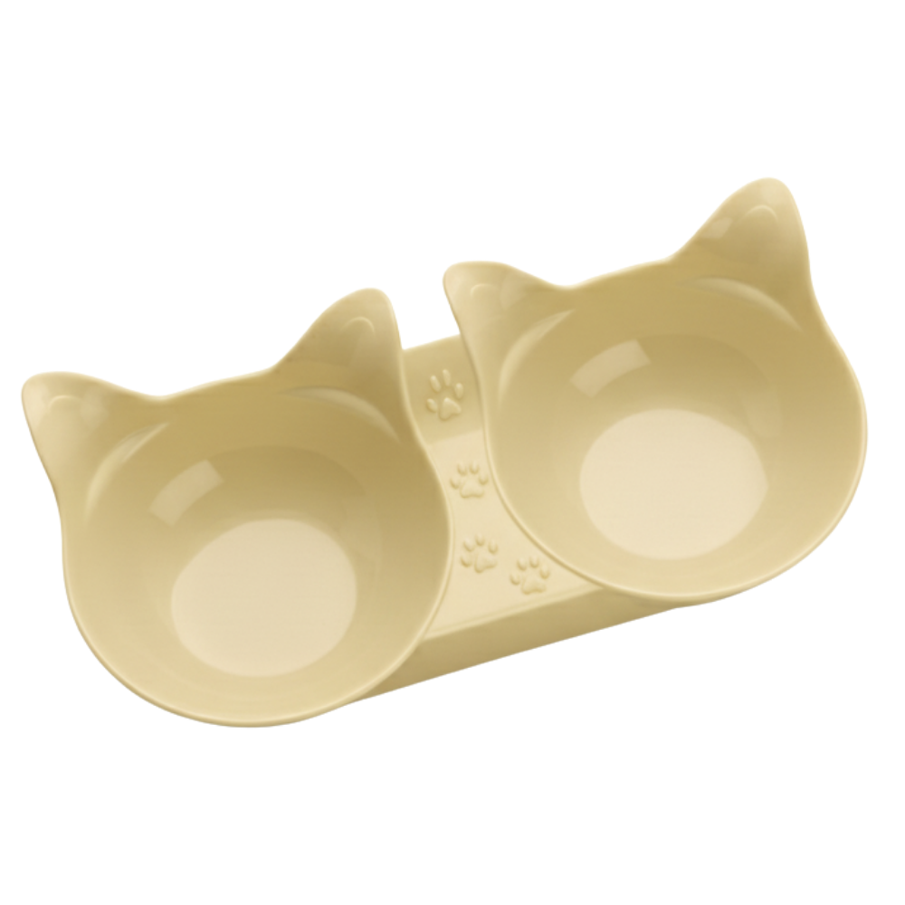 Cat-shaped double bowl on a white background