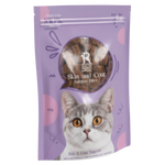 Purple package of cat treats with a cat's face on the label