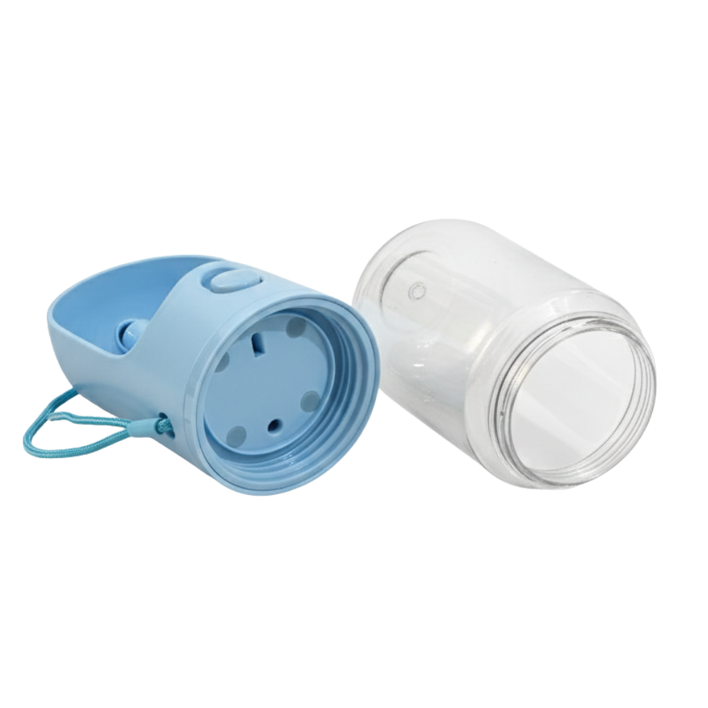 Blue and clear plastic containers on a white background