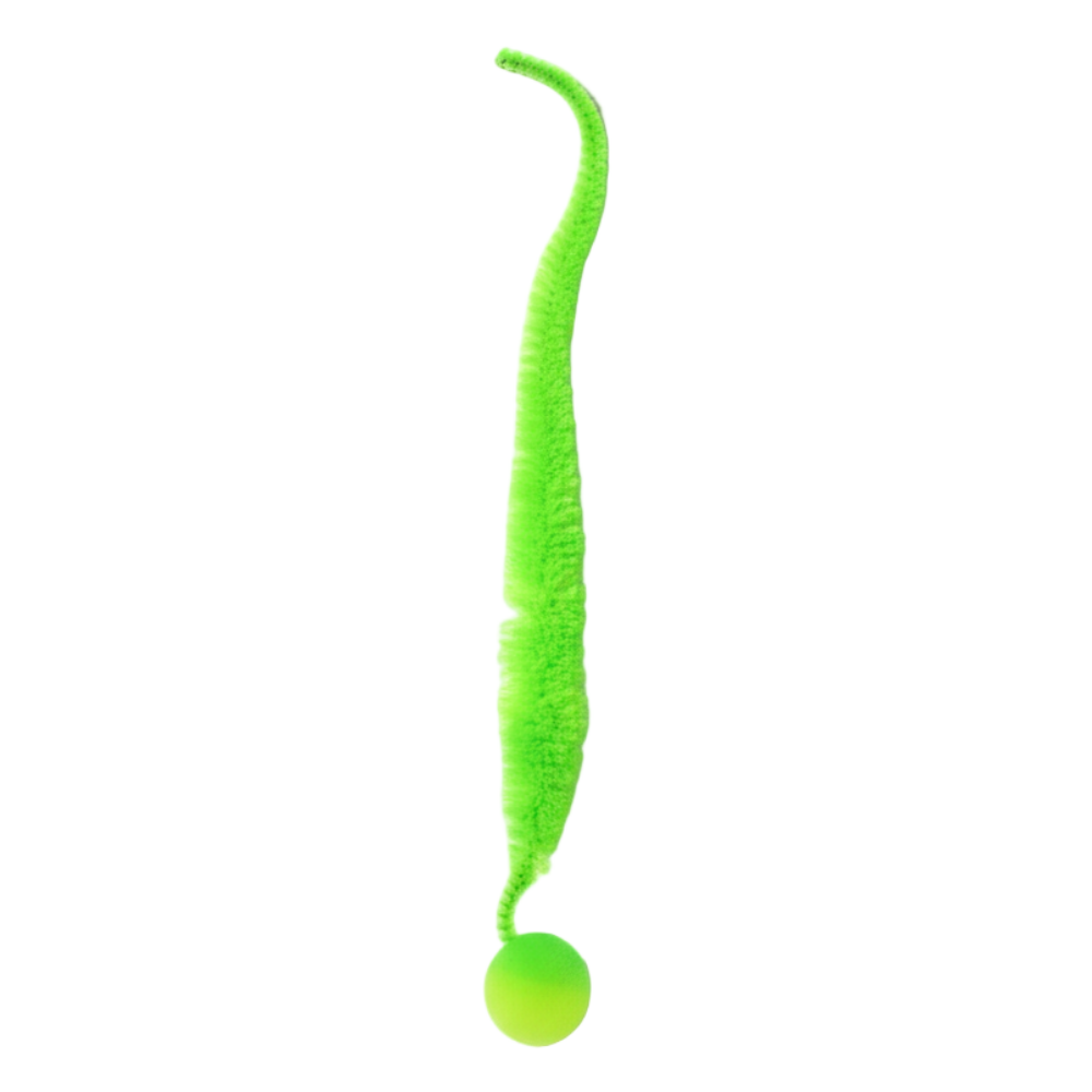 Green cat toy with a long flexible snake-like body and a ball at the end on a white background