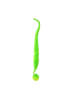 Green cat toy with a long flexible snake-like body and a ball at the end on a white background