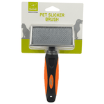 Pet slicker brush with orange handle on a white background