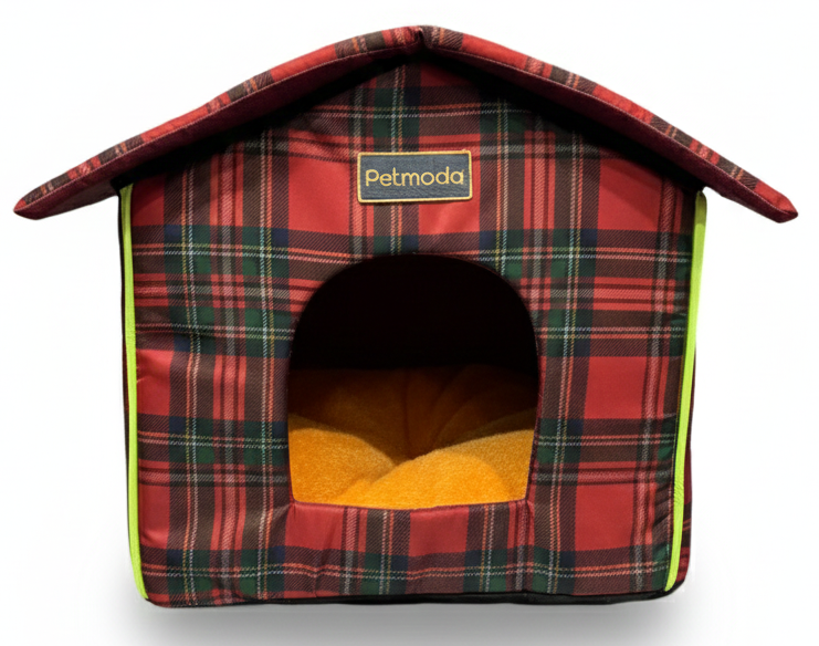 Plaid-patterned pet house with a visible brand logo on a white background