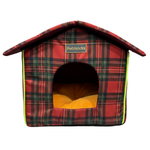 Plaid-patterned pet house with a visible brand logo on a white background