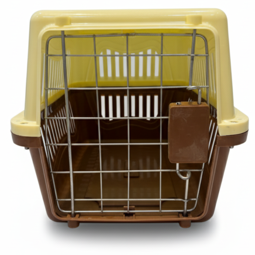Pet carrier with a yellow top and brown base on a white background