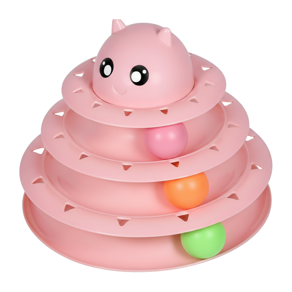 Pink toy with a cat-shaped top and colorful balls on a white background