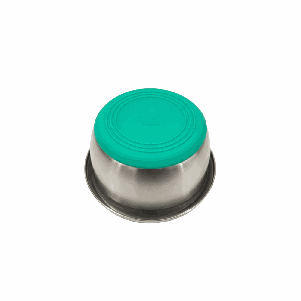 Metal container with a green lid on a white background