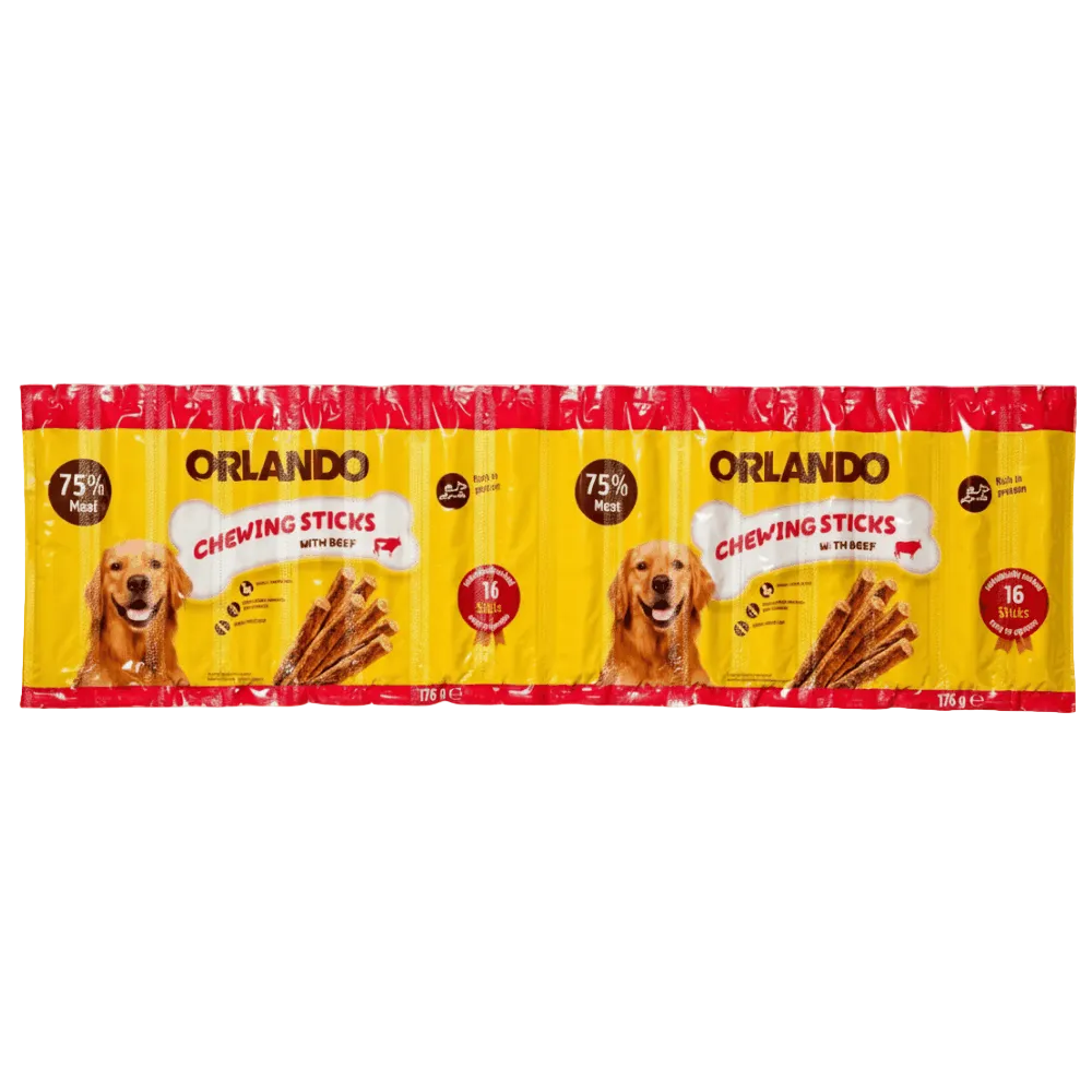 Packaging of Orlando Chewing Sticks for dogs with a red and yellow design.