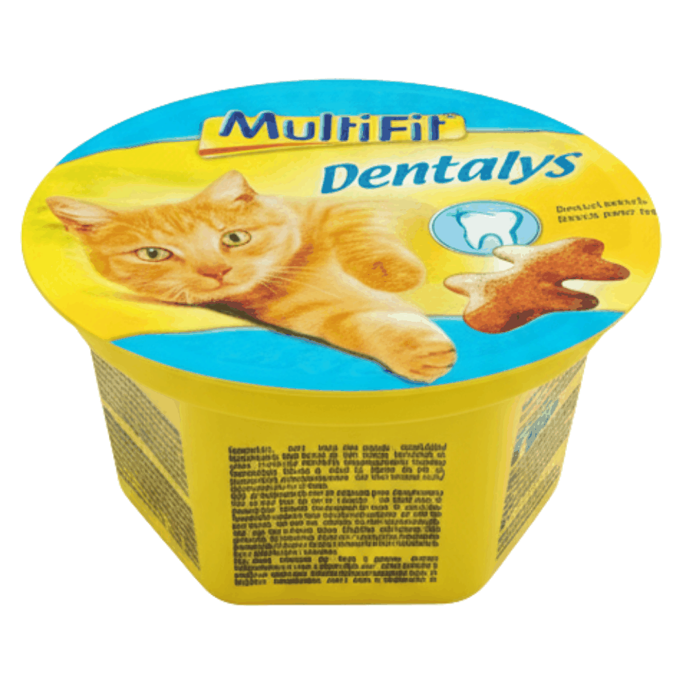 Multifit Dentalys cat treat container with a cat on the label