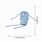 Blue plush toy with dimensions indicated on a white background