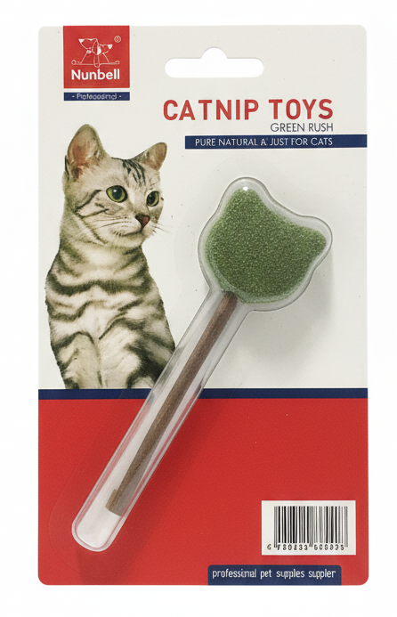 Catnip toy packaging with a cat on the label