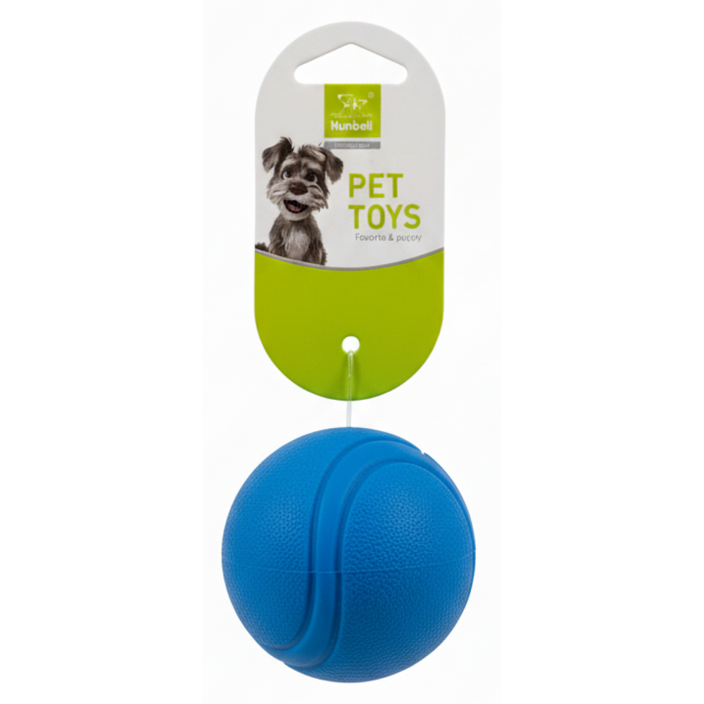 Blue rubber ball pet toy with a Hunkemöl label on a white background
