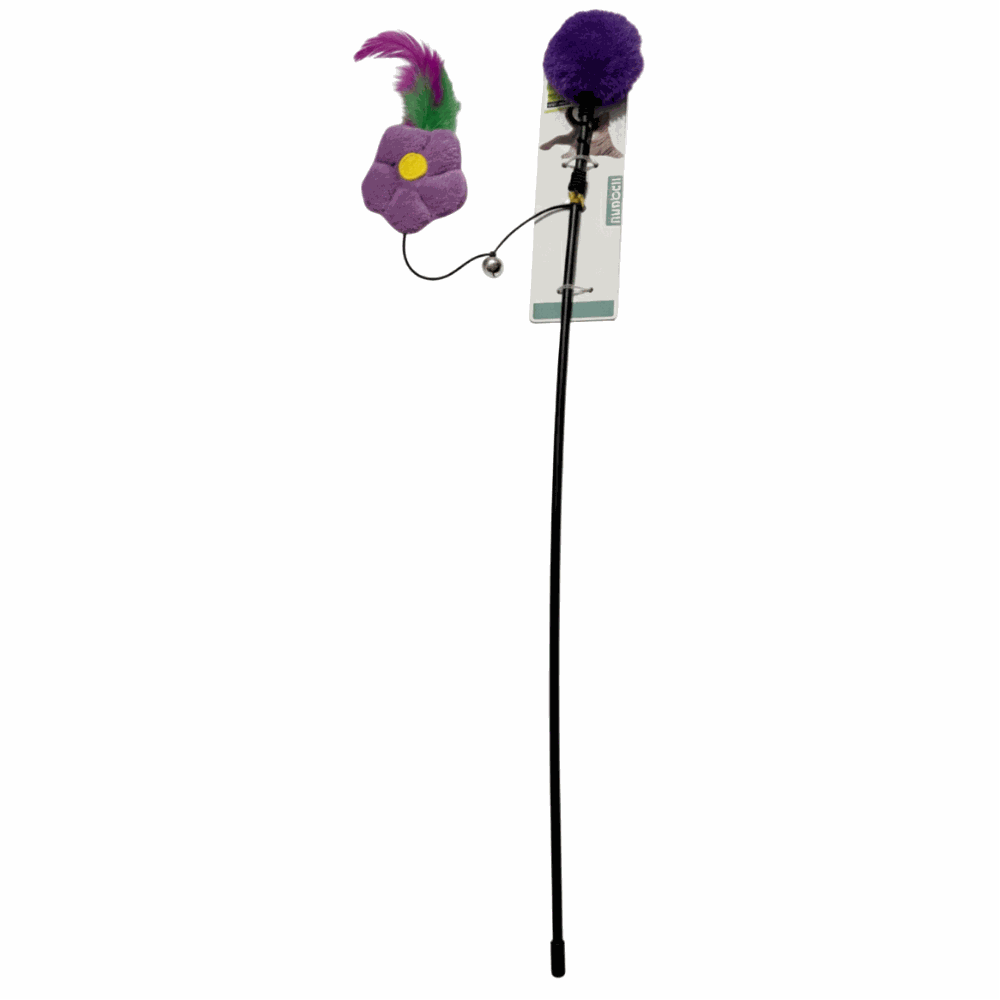 Cat toy with feather and bell on a stick against a white background
