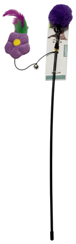 Cat toy with feather and bell on a stick against a white background