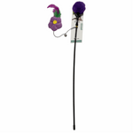 Cat toy with feather and bell on a stick against a white background