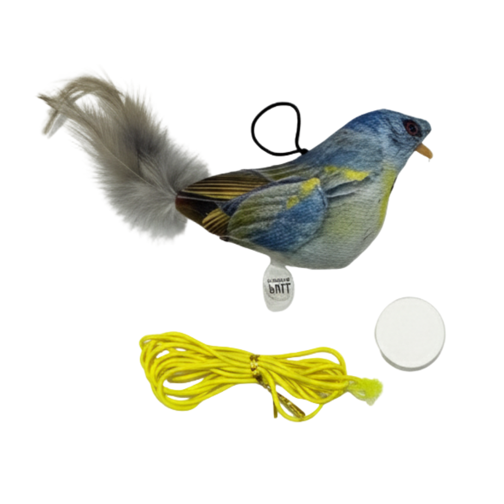Bird-shaped fishing lure with yellow line on a white background