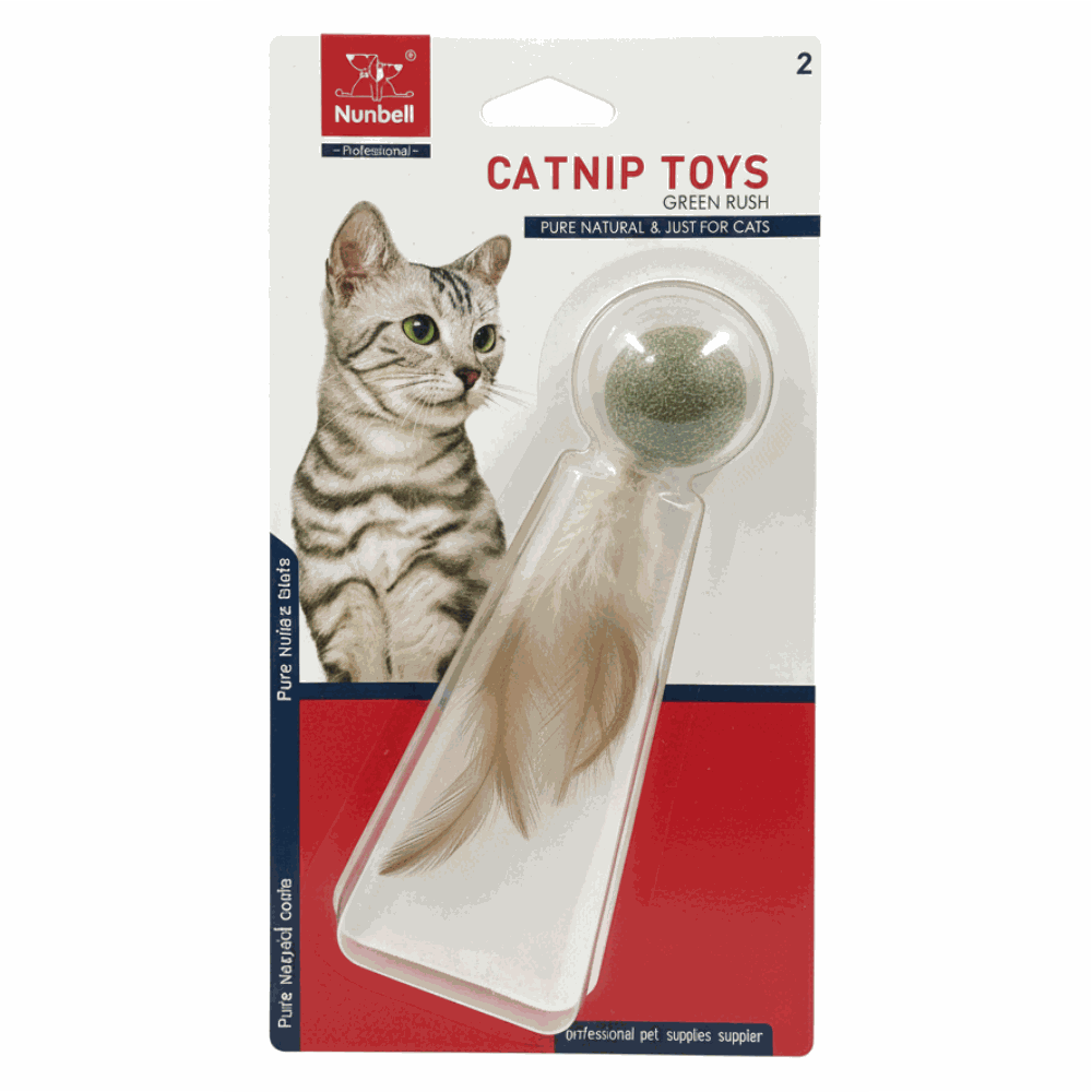Catnip toy packaging with a cat illustration and product details on a white background
