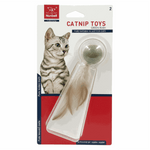 Catnip toy packaging with a cat illustration and product details on a white background