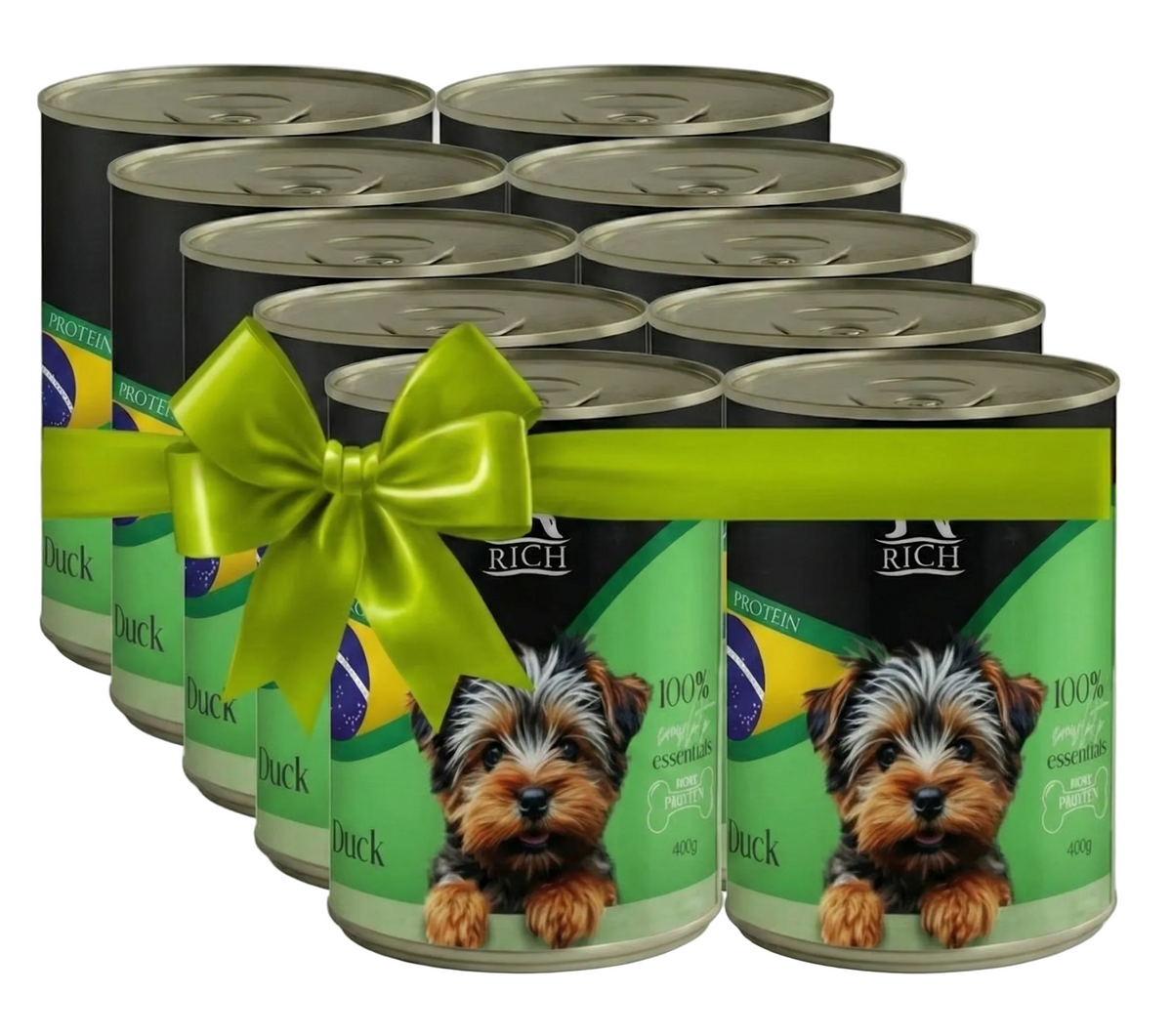 Multiple cans of dog food with a green bow on a white background
