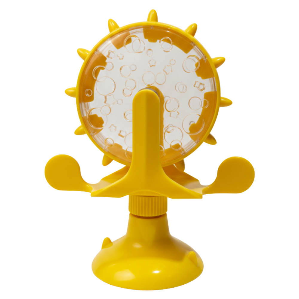 Yellow bubble machine with a clear bubble chamber on a white background