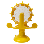 Yellow bubble machine with a clear bubble chamber on a white background