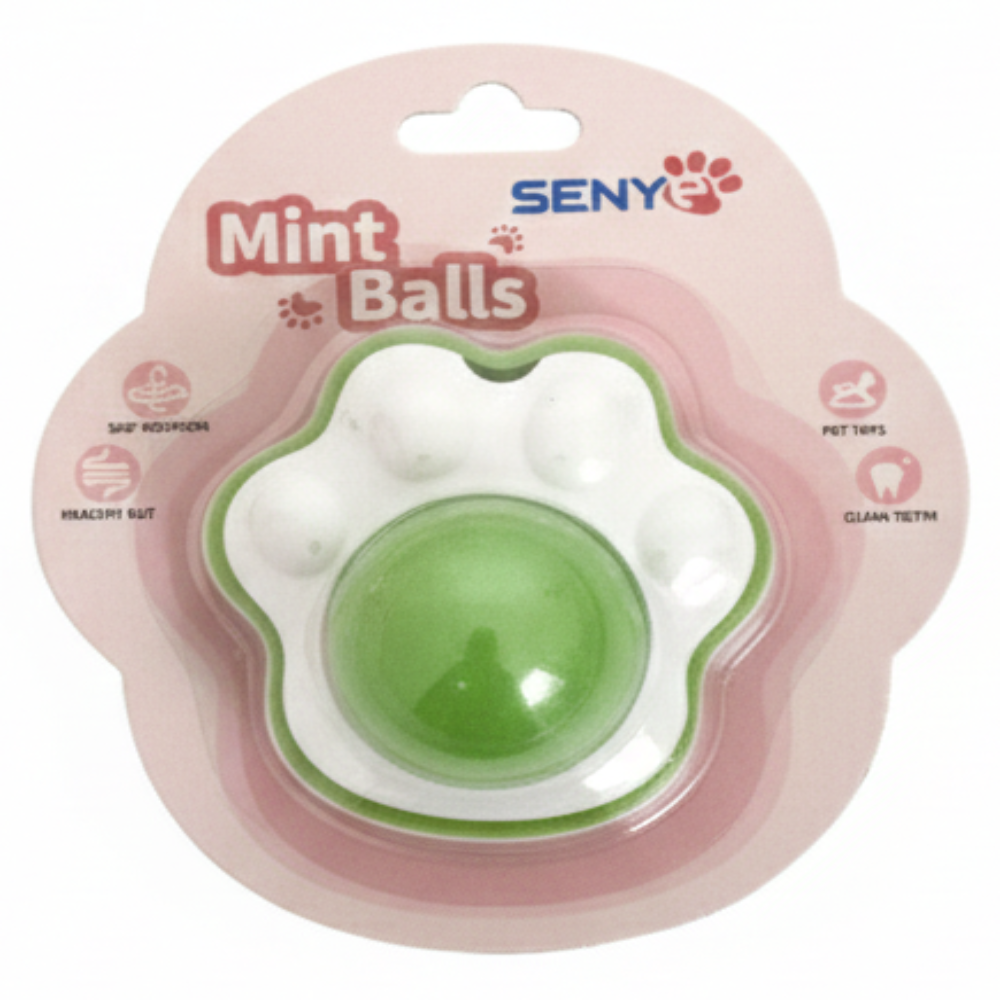 Green mint ball in a pink packaging with 'SENY' branding on a white background