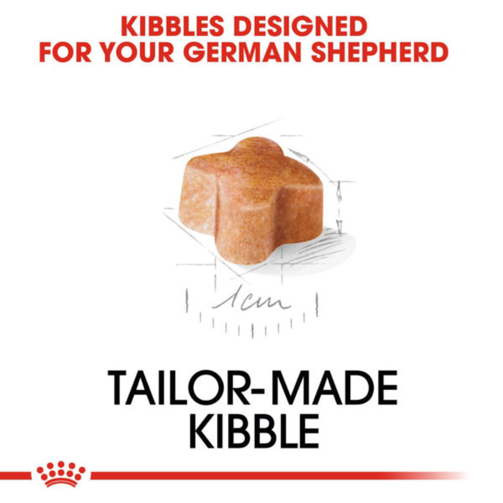 Dog food kibble with measurement details and text about German Shepherd tailored kibble on a white background.