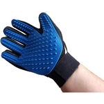 Blue grooming glove with textured surface on a white background