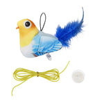 Plush bird toy with feathers on a string against a white background