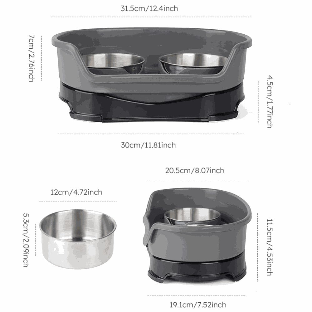 Pet feeding station with dimensions displayed