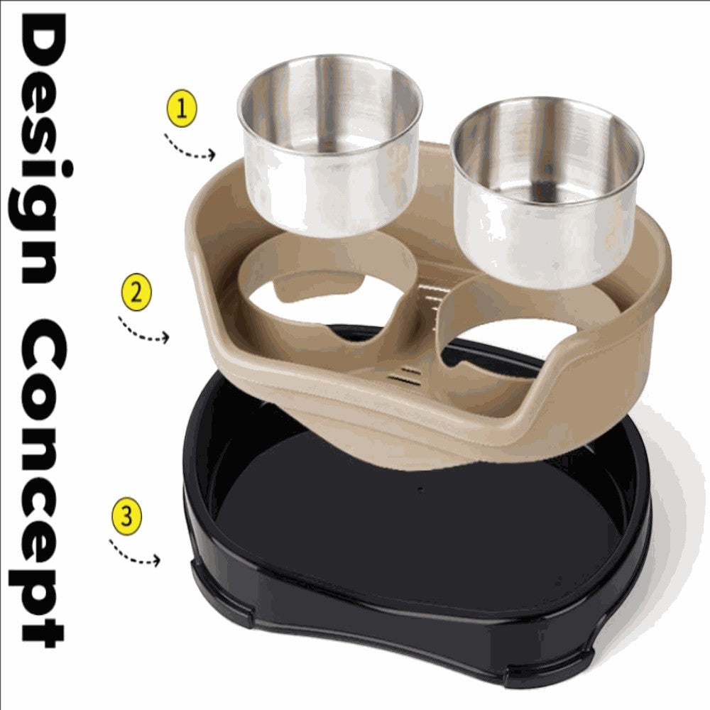 Pet feeding station with two metal bowls on a beige stand with a black base, labeled 'Design Concept'.