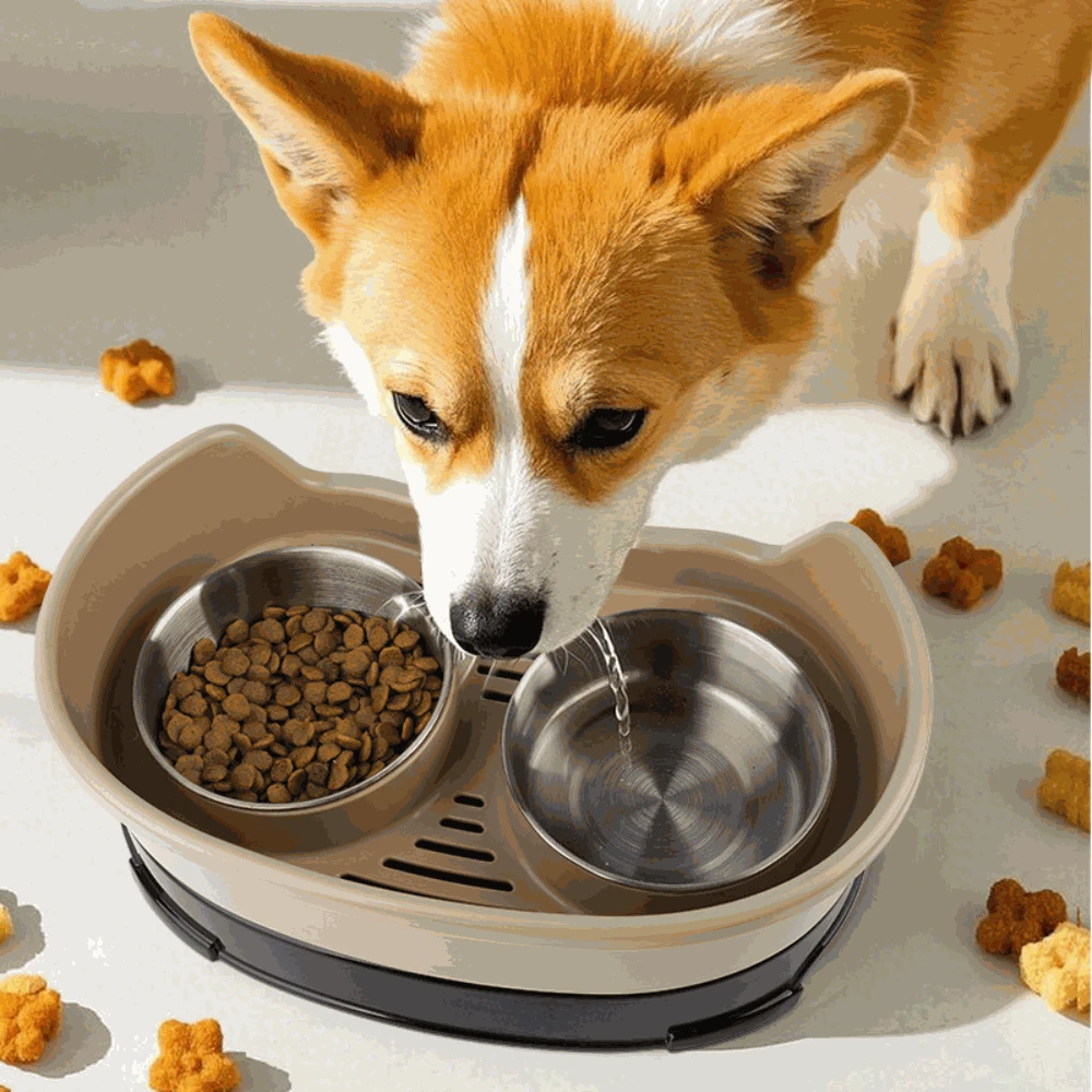 Dog drinking water from a dual-bowl pet feeder with kibble on a light surface.