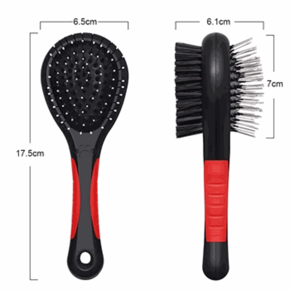 Two grooming brushes with measurements on a white background