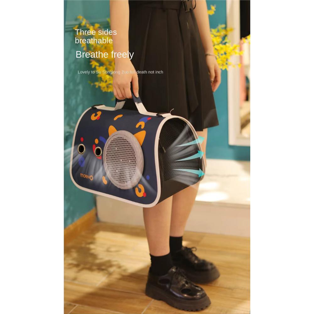 Person holding a pet carrier with colorful design against a blue wall.
