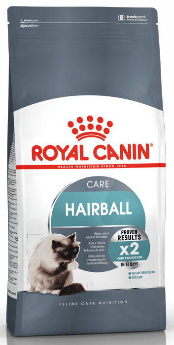 Royal Canin Hairball care cat food bag on a white background