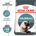 Royal Canin Hairball cat food bag with a cat on the label