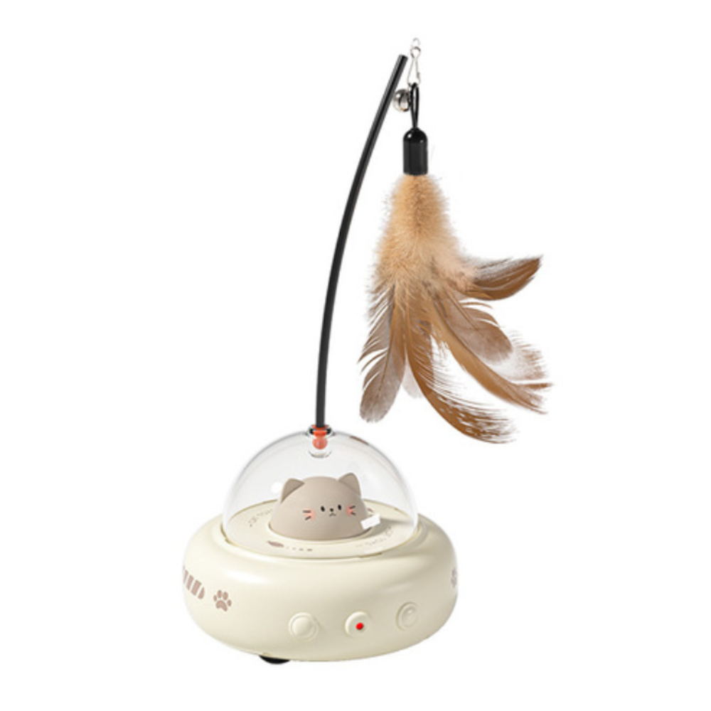 Cat toy with a rotating platform and feather on a white background