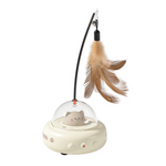 Cat toy with a rotating platform and feather on a white background