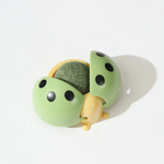 Green ladybug-shaped object on a white background