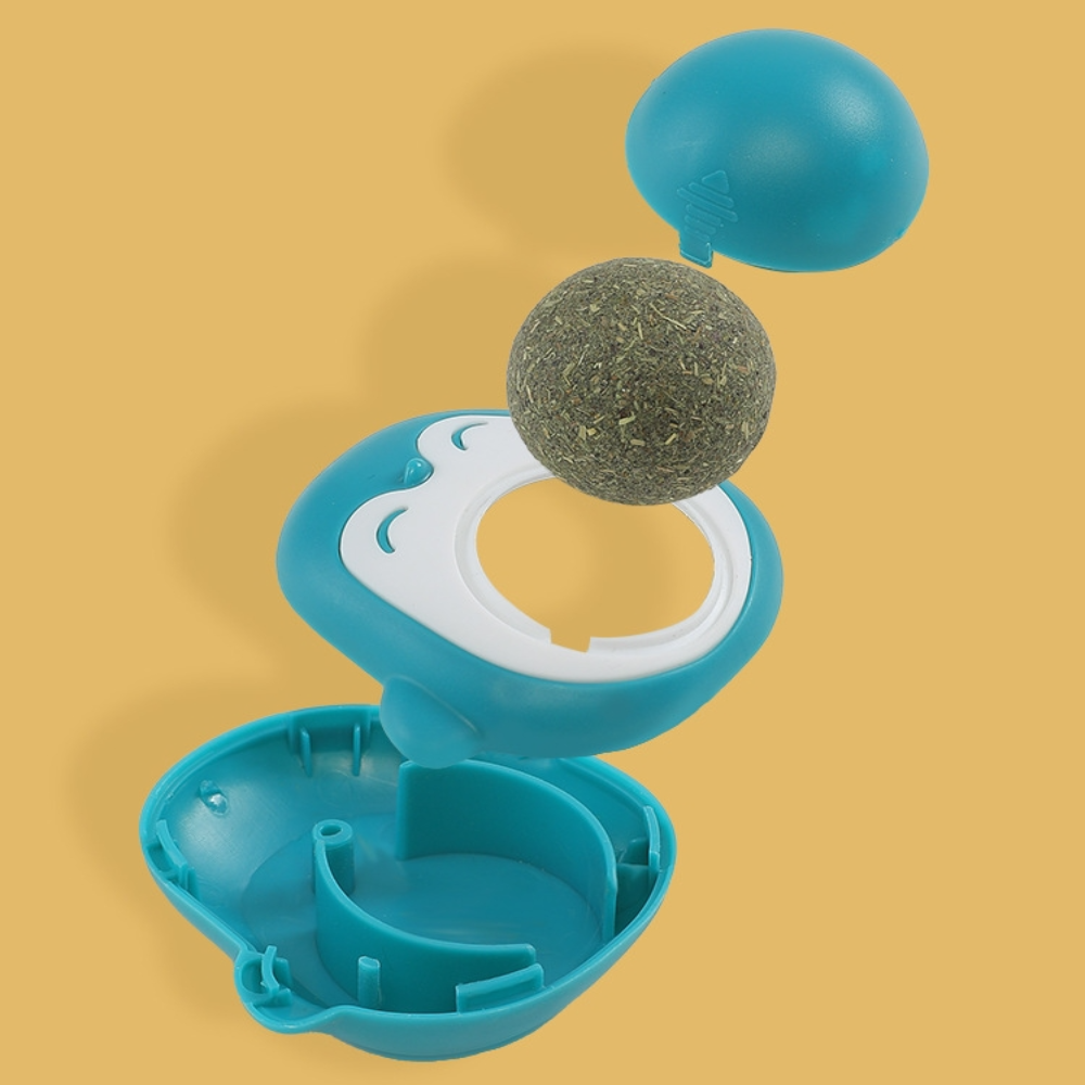 Teal pet toy with a white interior on a yellow background