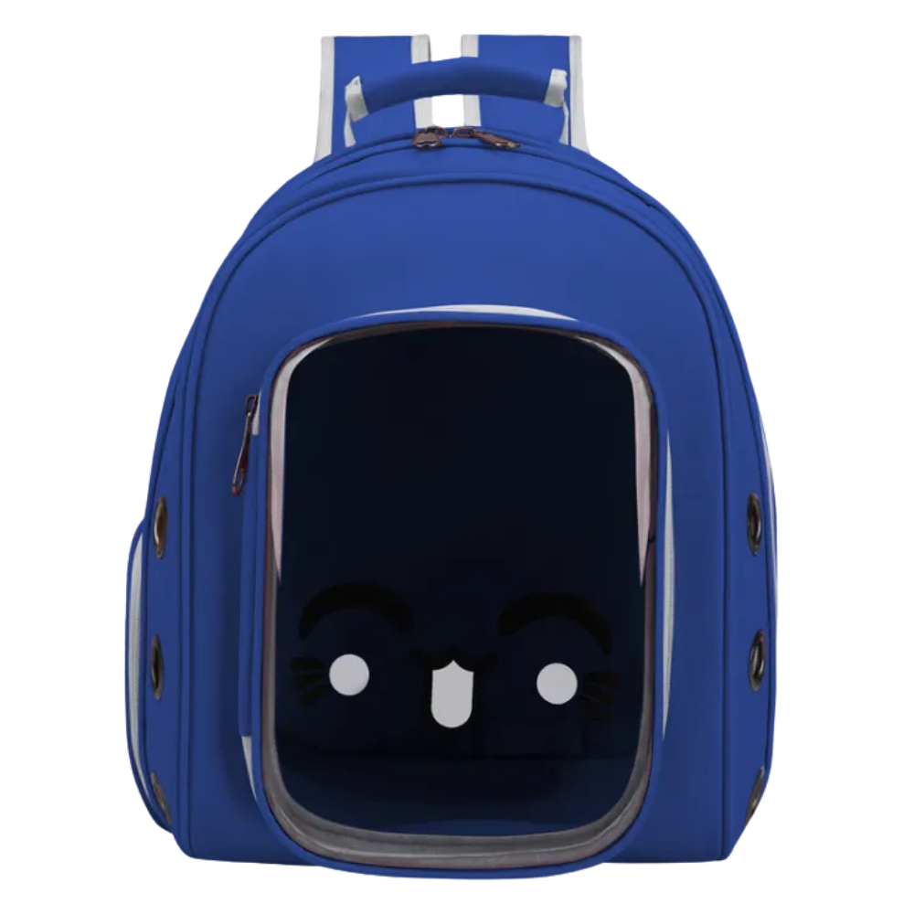 Blue backpack with a cartoon face design on a white background